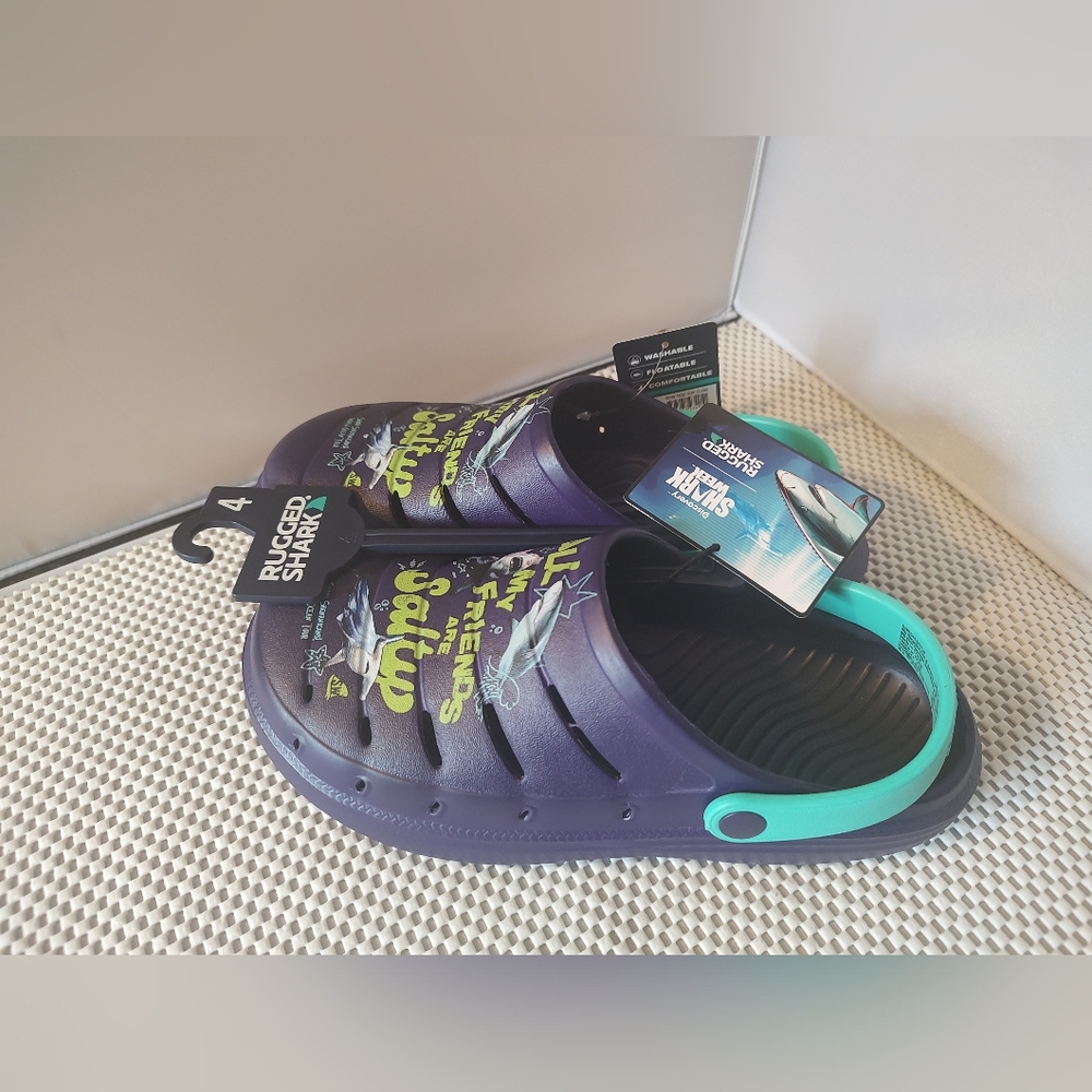 Rugged Shark Big Boys' Size 4 EVA Swivel Strap Clogs Purple/Teal NWT